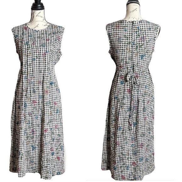 Vintage 80s Black White Check Floral Print Sleeveless Dress - Picture 4 of 6